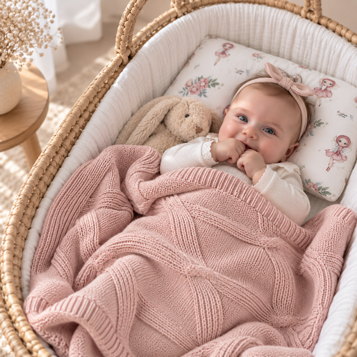 Bambina nella cesta con Copertina Maroco Rosa Cipria