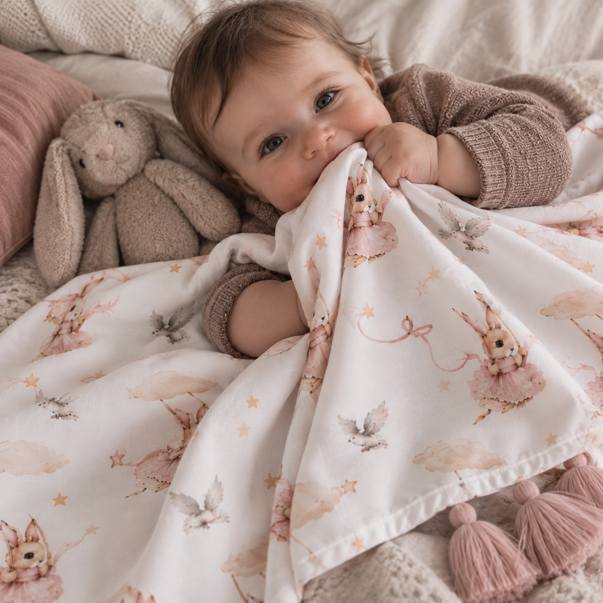 Bambino con swaddle Tutu Rabbits in viscosa di bambù e fantasia con coniglietti
