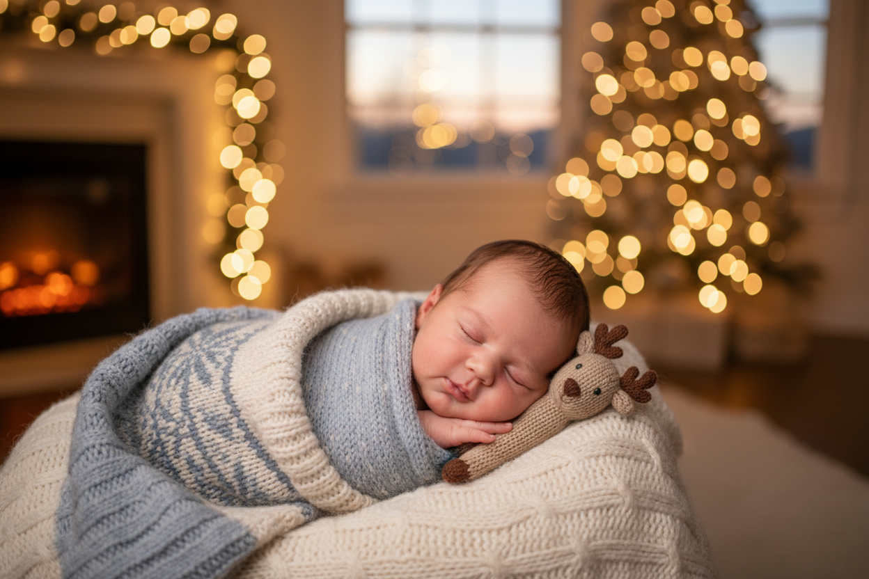 crea immagine per il gruppo delle collezioni sul sito di amilove.it. Immagine bel bambino, neonato che dorme tranquillo con uno sfondo invernale tipo copertina calda, le luci di natale e calore della casa