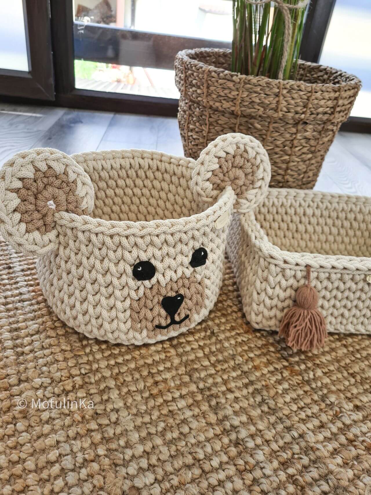 CESTINO PORTAOGGETTI INTRECCIATO A MANO ORSETTO PANNA