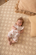 Tutina estiva in mussola frutti del sole - ciliegie,con volant 74 cm