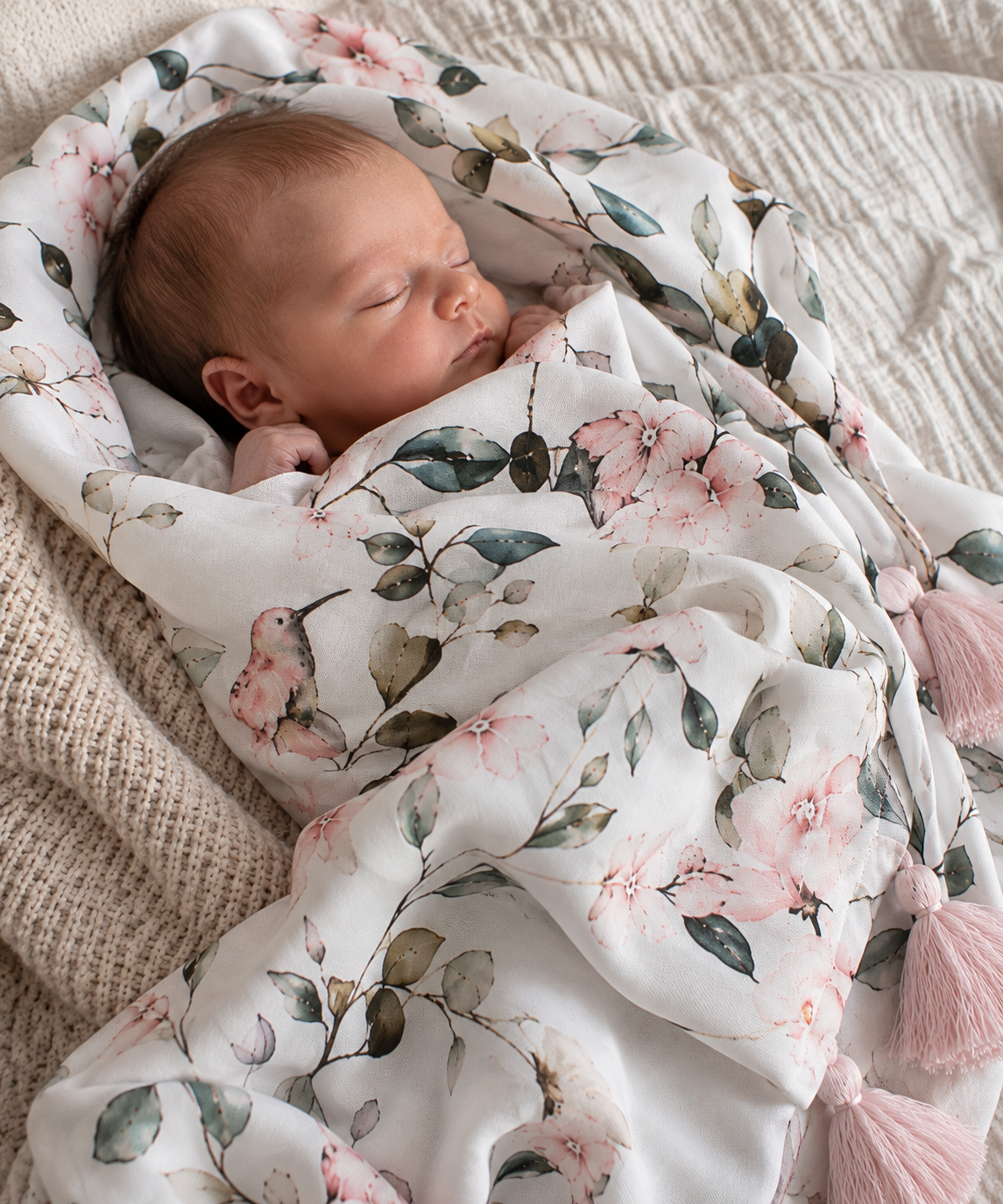 Swaddle neonato Giardino Segreto con fantasia floreale e nappine rosa
