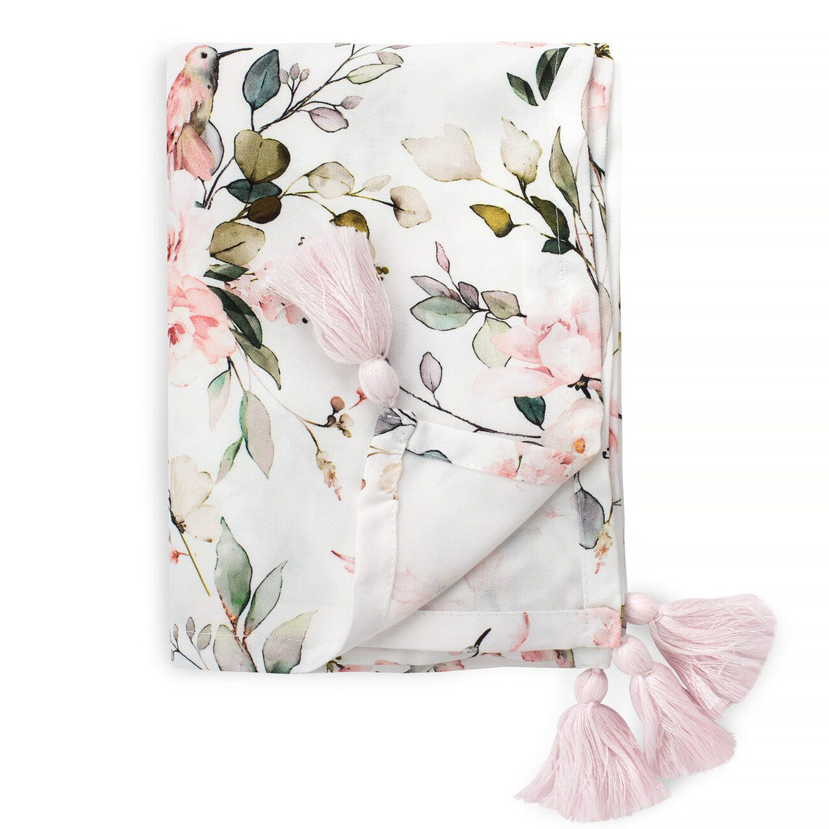 Swaddle neonato Giardino Segreto in viscosa di bambù con fantasia floreale e nappine rosa
